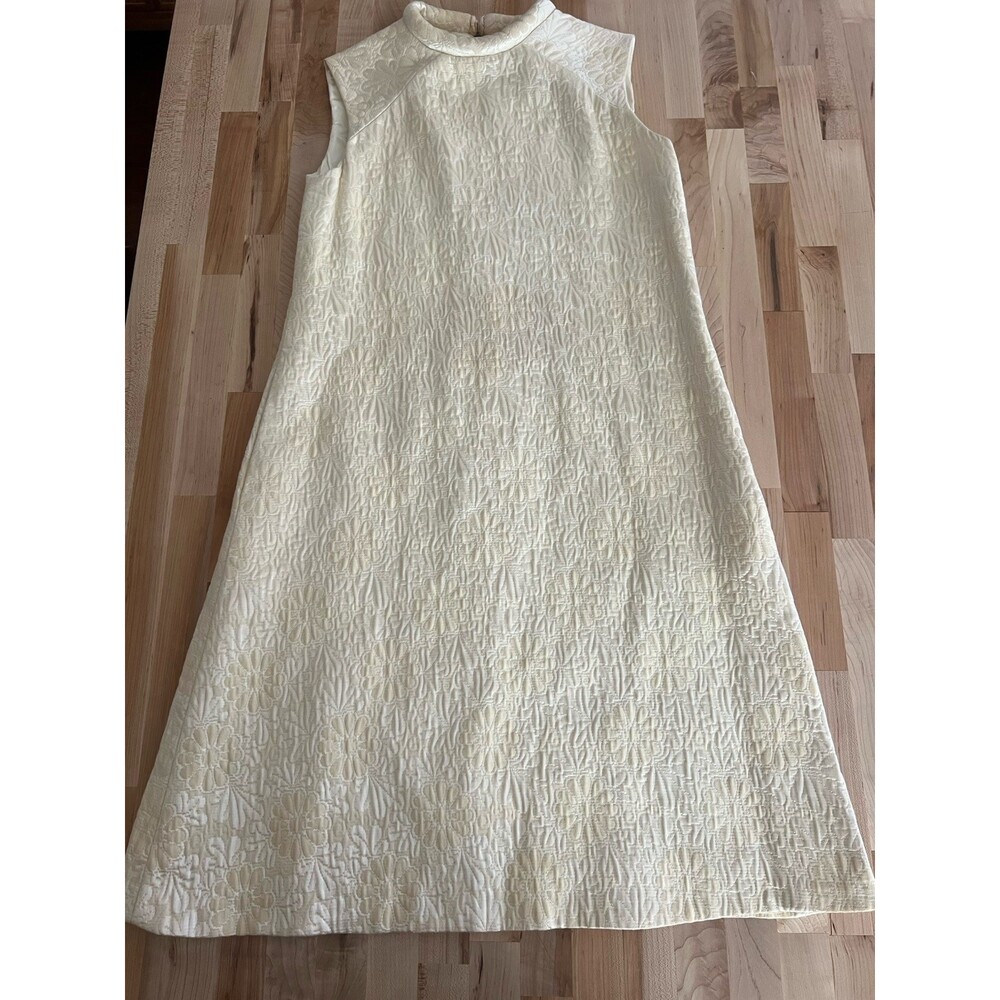 60s Mod High Neck Sleeveless Shift Dress Cream Ivory Brocade Floral Bridal XS/S